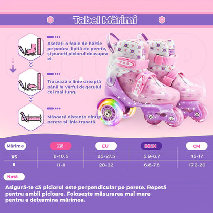 Role Reglabile pentru Copii, Platforma Triunghi pentru Stabilitate, Roti Luminoase din Silicon, 4 Roti, Pentru Incepatori, Model Viola, Marime XS, Roz