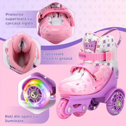 Role Reglabile pentru Copii, Platforma Triunghi pentru Stabilitate, Roti Luminoase din Silicon, 4 Roti, Pentru Incepatori, Model Viola, Marime XS, Roz
