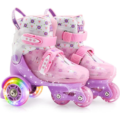Role copii reglabile, 4 roți luminoase, stabilitate triunghi, model Viola, mărime S, roz