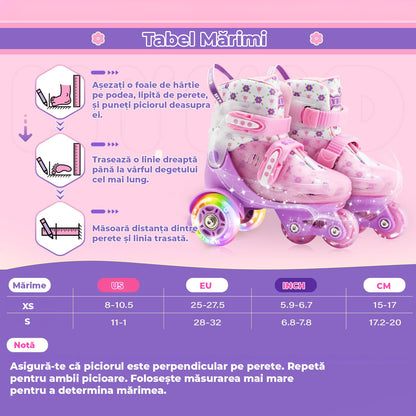 Role copii reglabile, 4 roți luminoase, stabilitate triunghi, model Viola, mărime S, roz