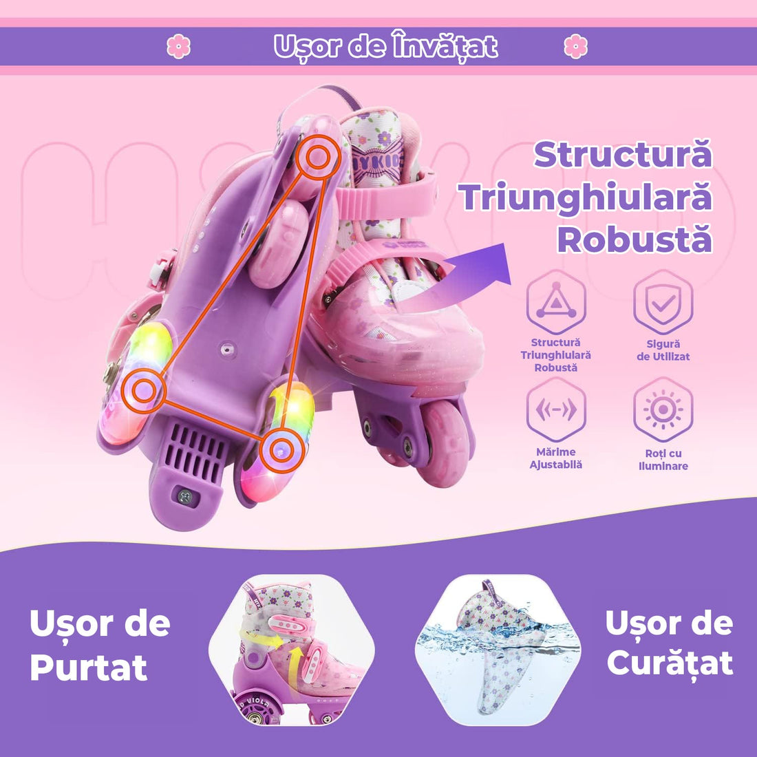 Role copii reglabile, 4 roți luminoase, stabilitate triunghi, model Viola, mărime S, roz
