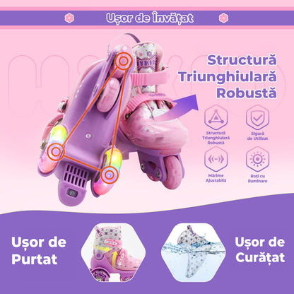 Role copii reglabile, 4 roți luminoase, stabilitate triunghi, model Viola, mărime S, roz