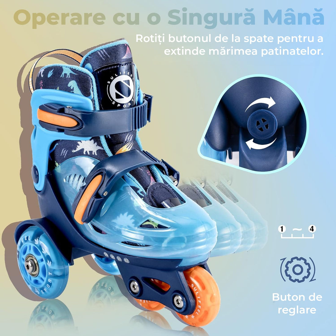 Role copii reglabile, 4 roți luminoase, stabilitate triunghi, model dinozaur, mărime S, albastru