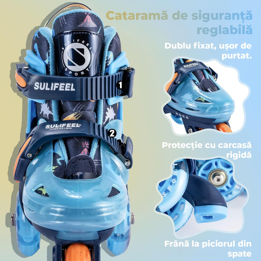 Role copii reglabile, 4 roți luminoase, stabilitate triunghi, model dinozaur, mărime S, albastru