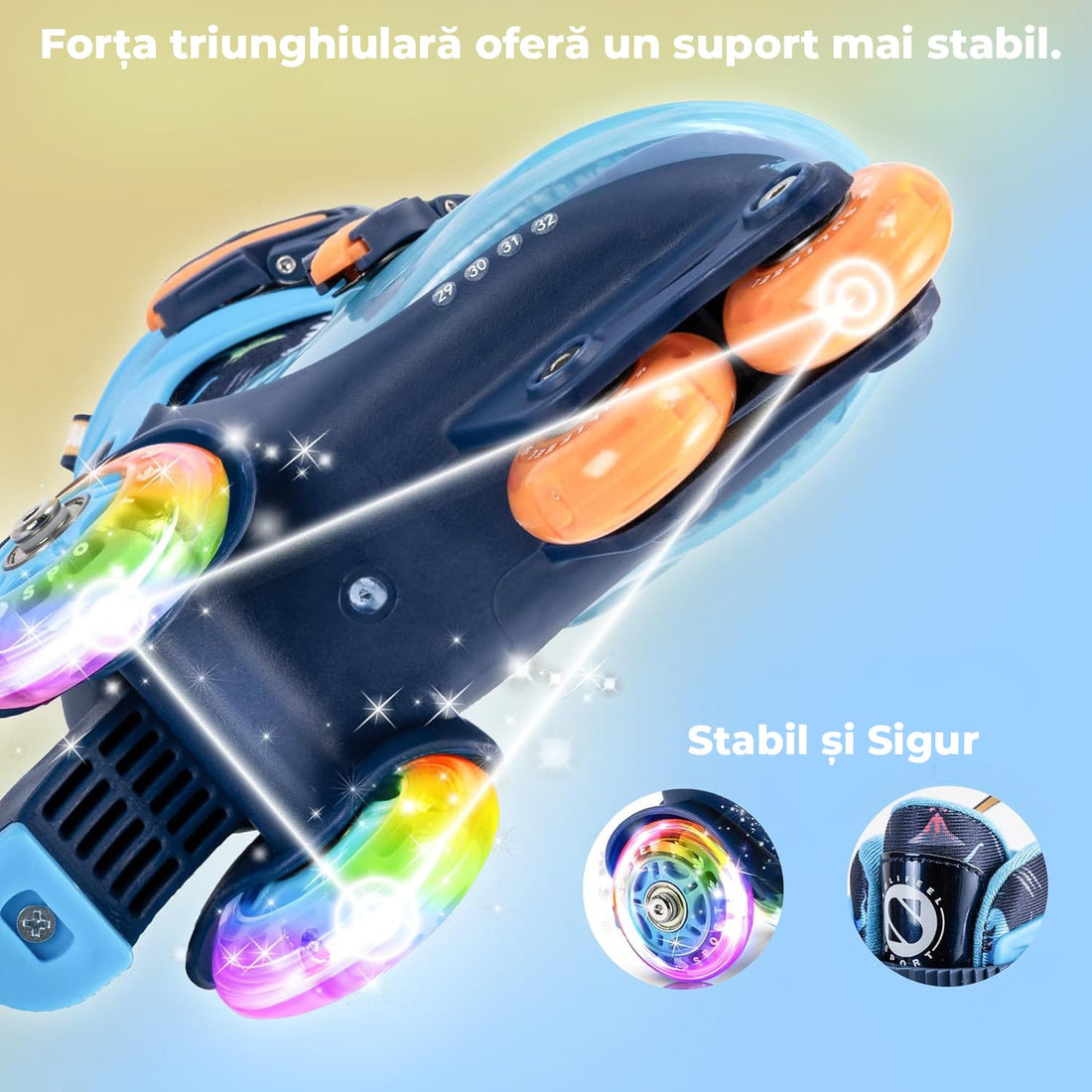 Role copii reglabile, 4 roți luminoase, stabilitate triunghi, model dinozaur, mărime S, albastru