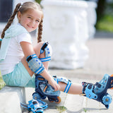 Role copii reglabile, 4 roți luminoase, stabilitate triunghi, model dinozaur, mărime S, albastru