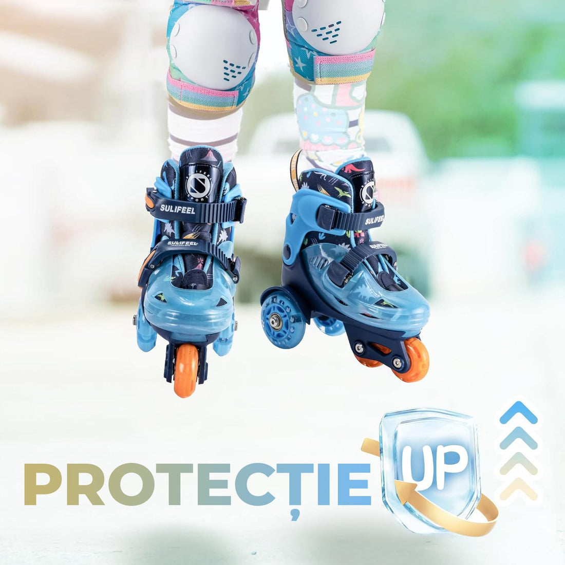 Role copii reglabile, 4 roți luminoase, stabilitate triunghi, model dinozaur, mărime S, albastru