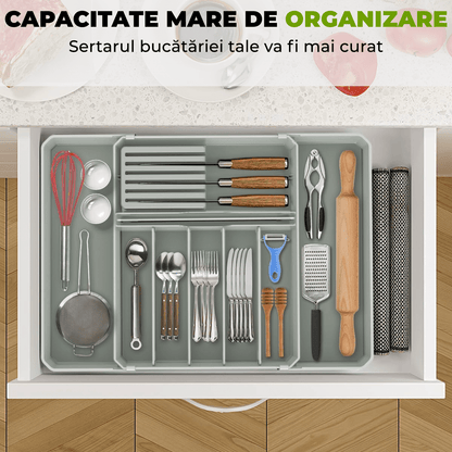 Organizator tacâmuri și ustensile, sertar extensibil, 33x41 cm, gri