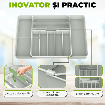 Organizator tacâmuri și ustensile, sertar extensibil, 33x41 cm, gri
