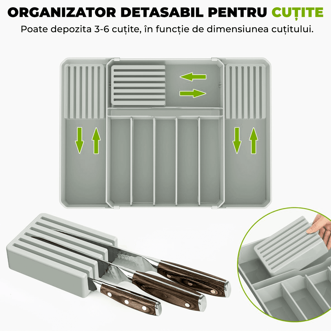 Organizator tacâmuri și ustensile, sertar extensibil, 33x41 cm, gri