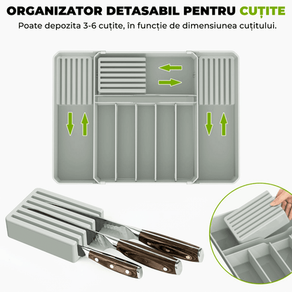 Organizator tacâmuri și ustensile, sertar extensibil, 33x41 cm, gri