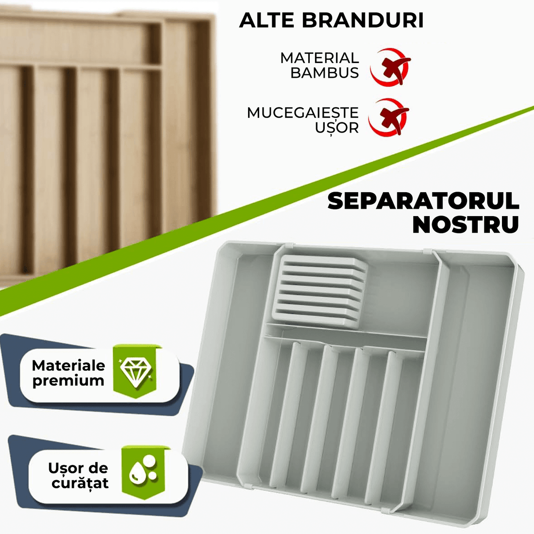 Organizator tacâmuri și ustensile, sertar extensibil, 33x41 cm, gri