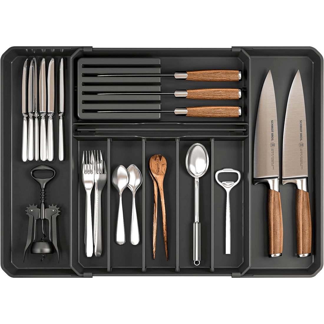 Organizator multifuncțional tacâmuri, sertar extensibil, 33x41 cm, negru