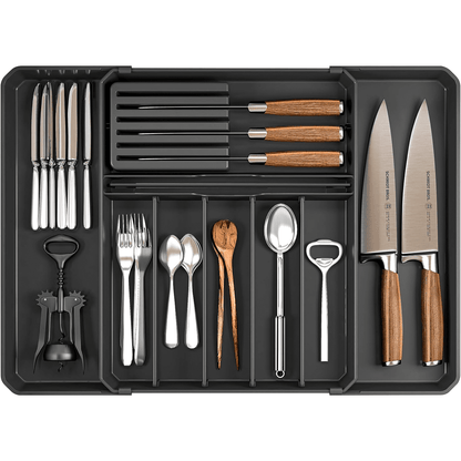 Organizator multifuncțional tacâmuri, sertar extensibil, 33x41 cm, negru