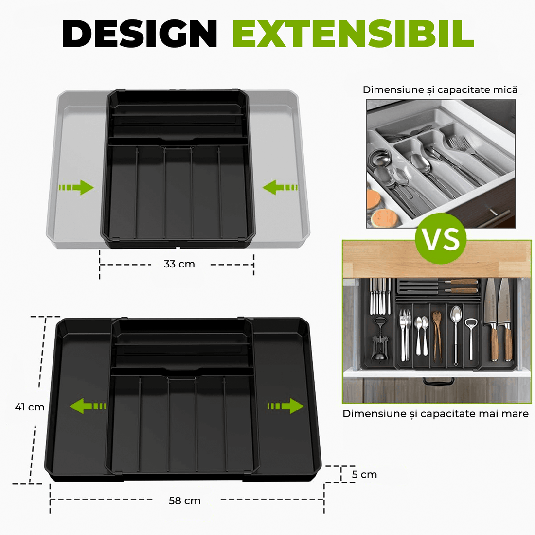 Organizator multifuncțional tacâmuri, sertar extensibil, 33x41 cm, negru