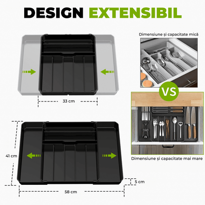 Organizator multifuncțional tacâmuri, sertar extensibil, 33x41 cm, negru