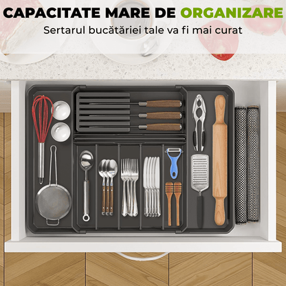 Organizator multifuncțional tacâmuri, sertar extensibil, 33x41 cm, negru