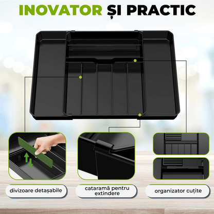 Organizator multifuncțional tacâmuri, sertar extensibil, 33x41 cm, negru