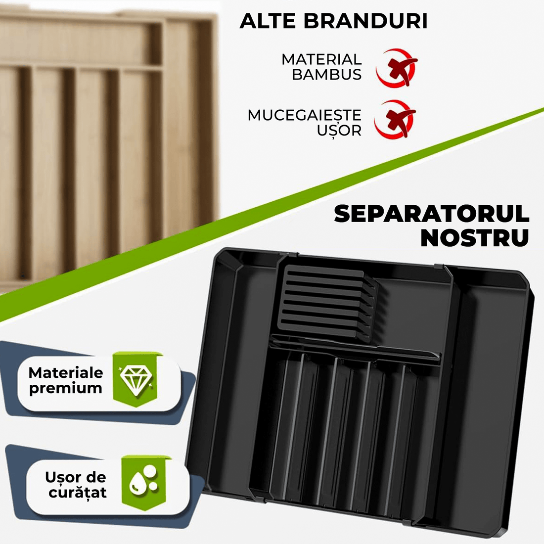 Organizator multifuncțional tacâmuri, sertar extensibil, 33x41 cm, negru