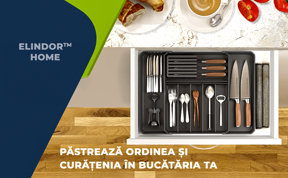 Organizator multifuncțional tacâmuri, sertar extensibil, 33x41 cm, negru