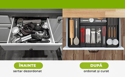 Organizator multifuncțional tacâmuri, sertar extensibil, 33x41 cm, negru