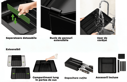 Organizator multifuncțional tacâmuri, sertar extensibil, 33x41 cm, negru