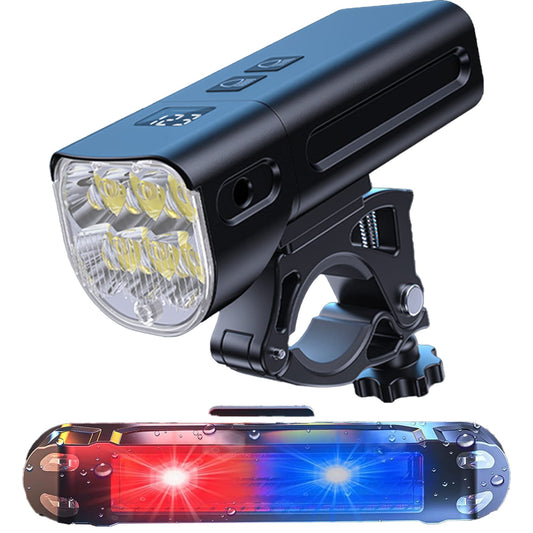 Set Lumini Bicicleta Fata / Spate cu 5 Moduri de Functionare, 1500 Lumeni, Reincarcabil USB-C, 5200 mAh, Functie Power Bank, Faza Lunga, Fază Scurtă, Lumină Spate Roșie / Albastra, Rezistent la Apa IPX6, Display LCD, Negru