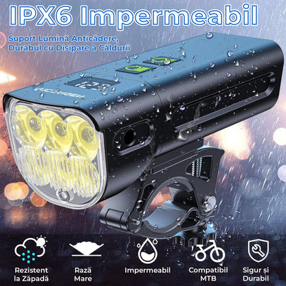 Set Lumini Bicicleta Fata / Spate cu 5 Moduri de Functionare, 1500 Lumeni, Reincarcabil USB-C, 5200 mAh, Functie Power Bank, Faza Lunga, Fază Scurtă, Lumină Spate Roșie / Albastra, Rezistent la Apa IPX6, Display LCD, Negru