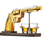 Set decantor whiskey pistol cu 2 pahare, 325 ml, stativ lemn, handmade