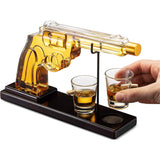 Set decantor whiskey pistol cu 2 pahare, 325 ml, stativ lemn, handmade