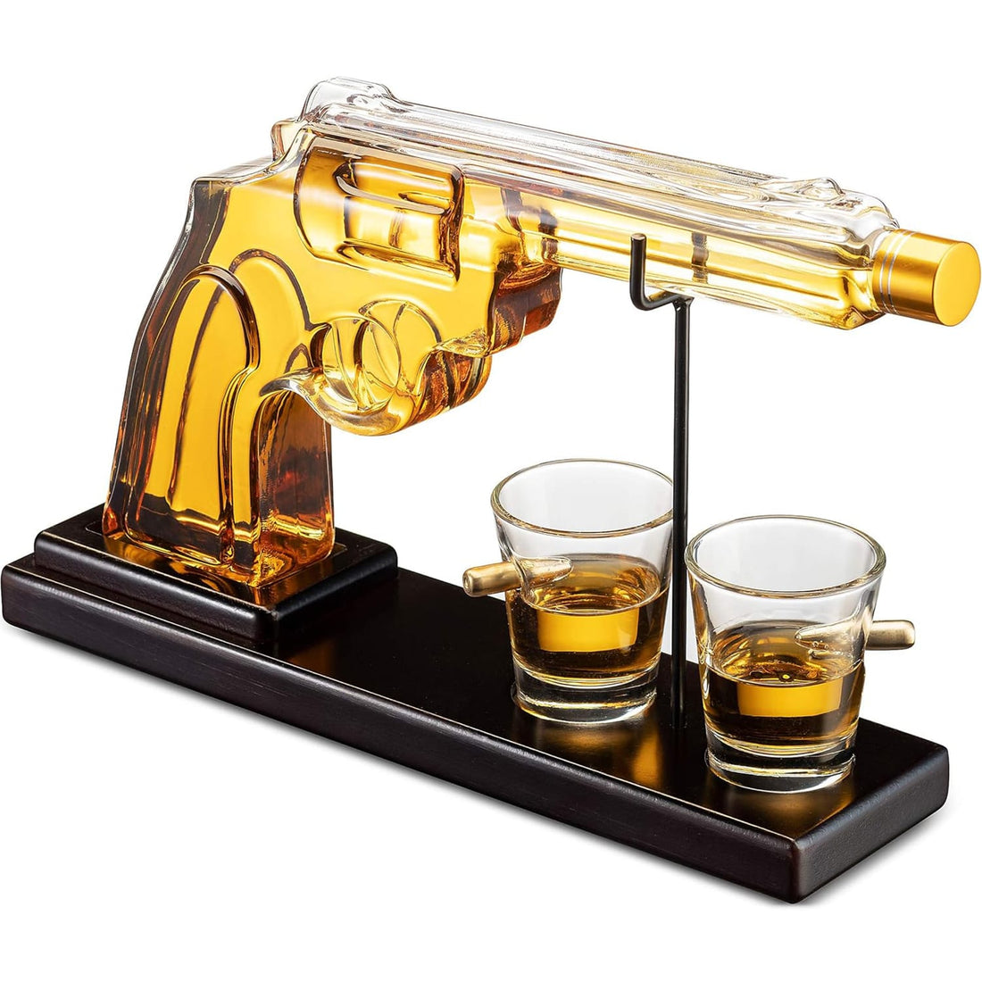 Set decantor whiskey pistol cu 2 pahare, 325 ml, stativ lemn, handmade