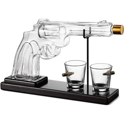 Set decantor whiskey pistol cu 2 pahare, 325 ml, stativ lemn, handmade