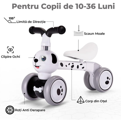Bicicletă fără pedale pentru copii, 4 roți, design câine, alb, 10-36 luni