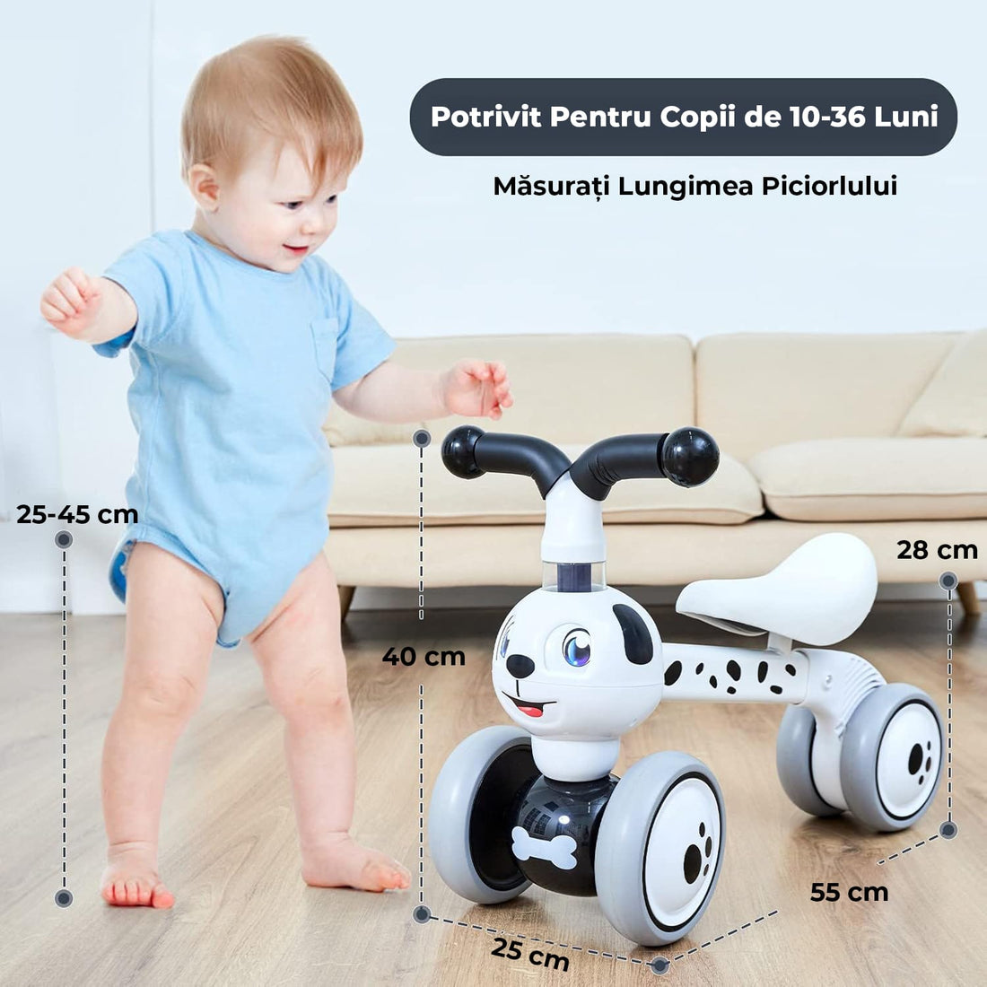 Bicicletă fără pedale pentru copii, 4 roți, design câine, alb, 10-36 luni