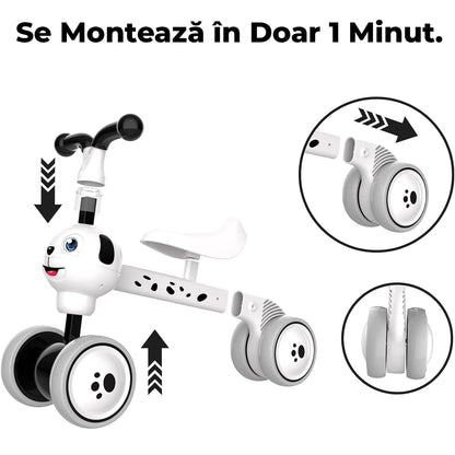 Bicicletă fără pedale pentru copii, 4 roți, design câine, alb, 10-36 luni