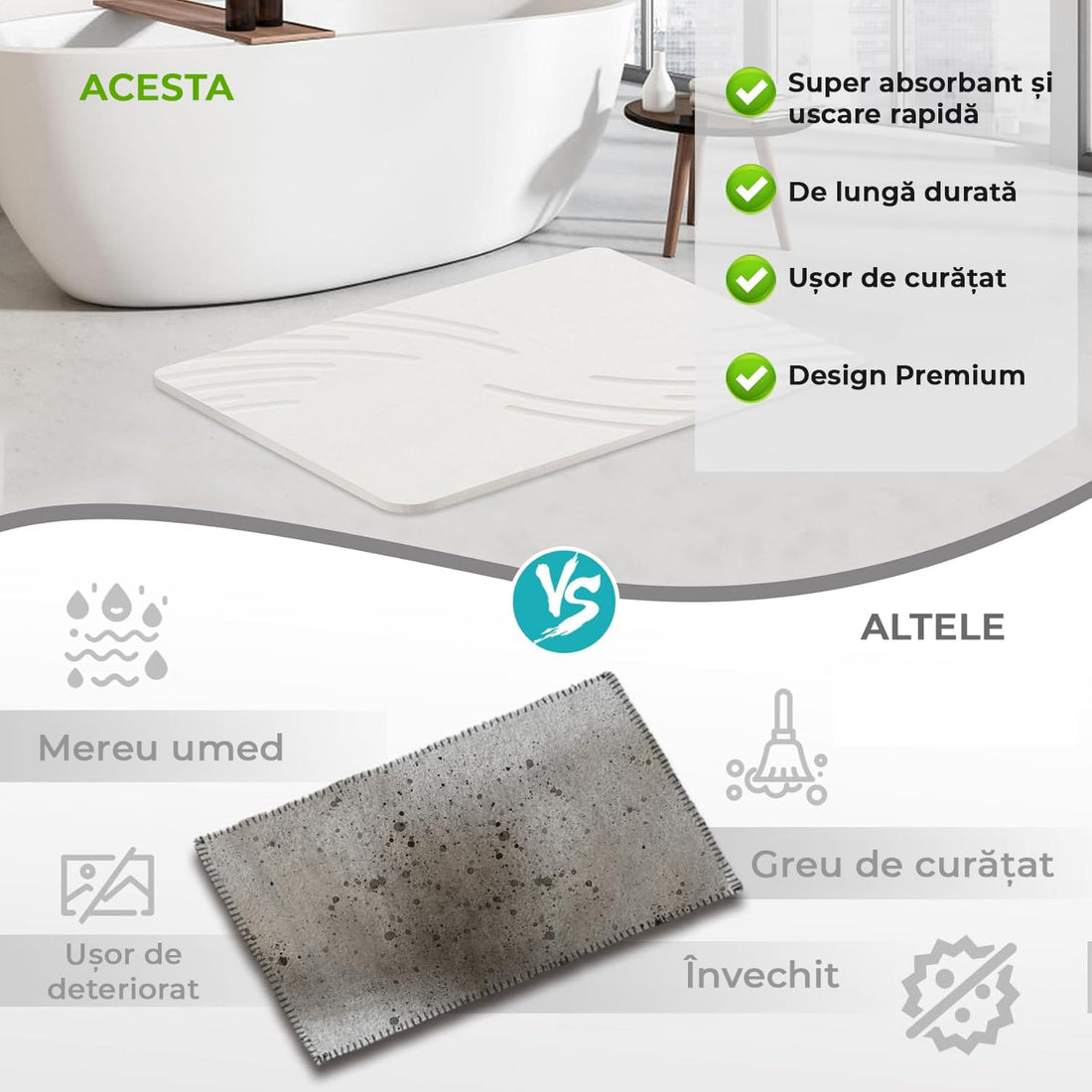 Covor de Baie Universal din Diatomit Modern, Antiderapant, Absorbant Rapid, Elegant si Versatil, Usor de Curatat - 60 x 40 cm, Alb Deschis