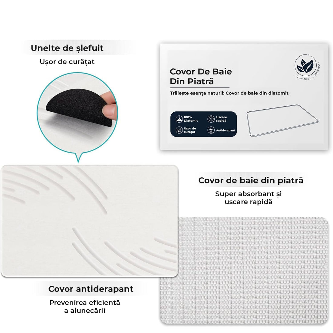 Covor de Baie Universal din Diatomit Modern, Antiderapant, Absorbant Rapid, Elegant si Versatil, Usor de Curatat - 60 x 40 cm, Alb Deschis