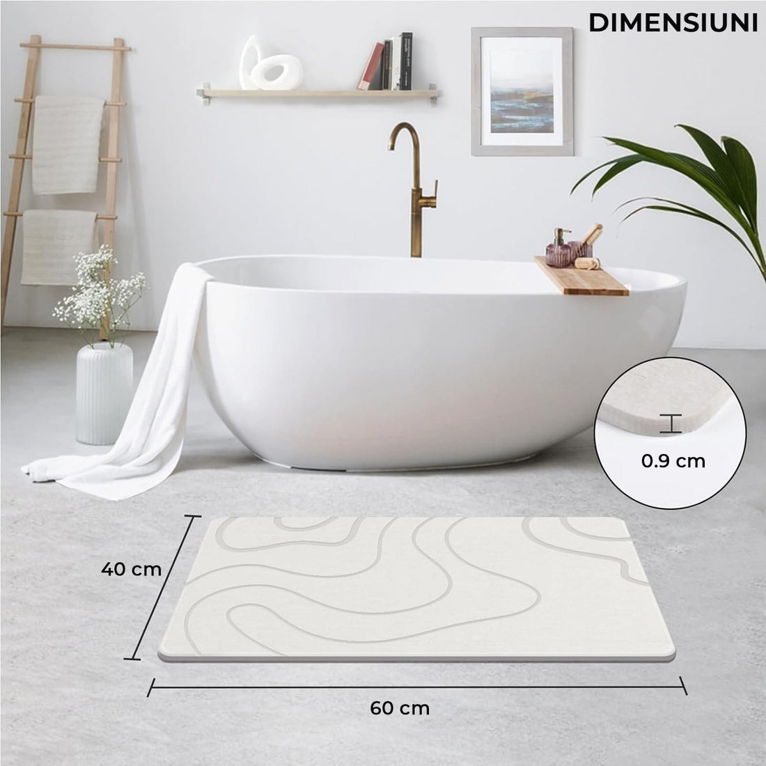 Covor de Baie Universal din Diatomit Modern, Antiderapant, Absorbant Rapid, Elegant si Versatil, Usor de Curatat - 60 x 40 cm, Alb