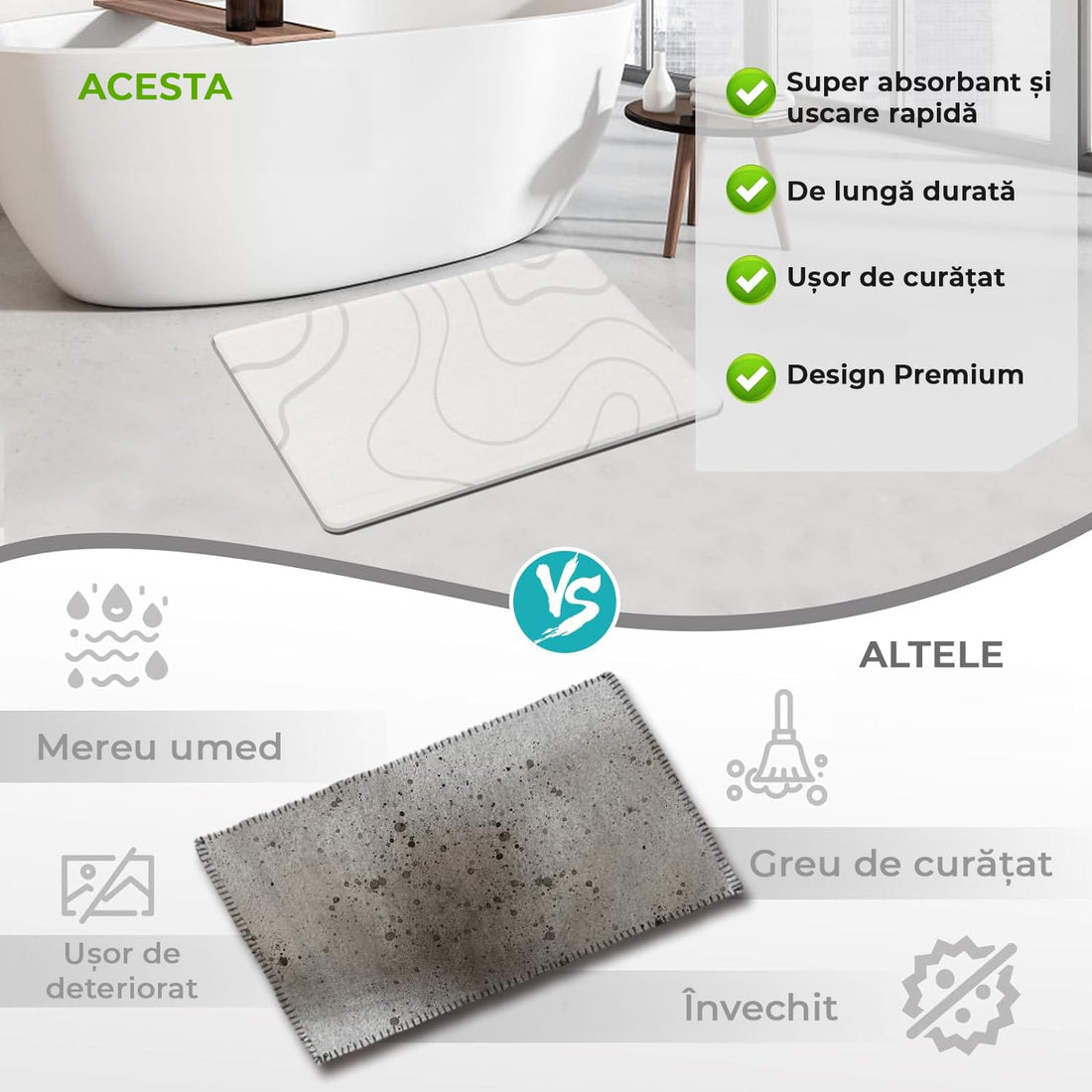 Covor de Baie Universal din Diatomit Modern, Antiderapant, Absorbant Rapid, Elegant si Versatil, Usor de Curatat - 60 x 40 cm, Alb