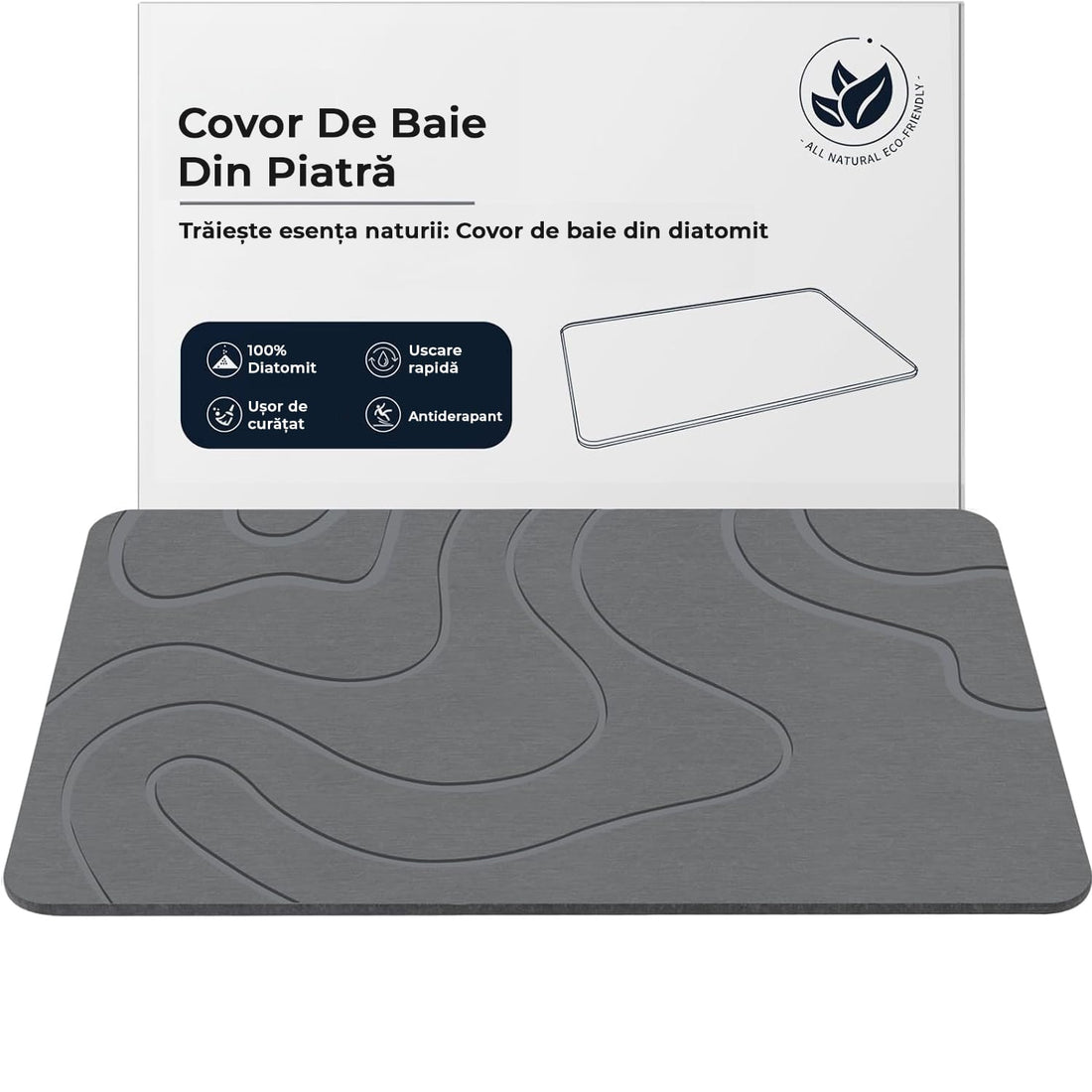 Covor de Baie Universal din Diatomit Modern, Antiderapant, Absorbant Rapid, Elegant si Versatil, Usor de Curatat - 60 x 40 cm, Gri
