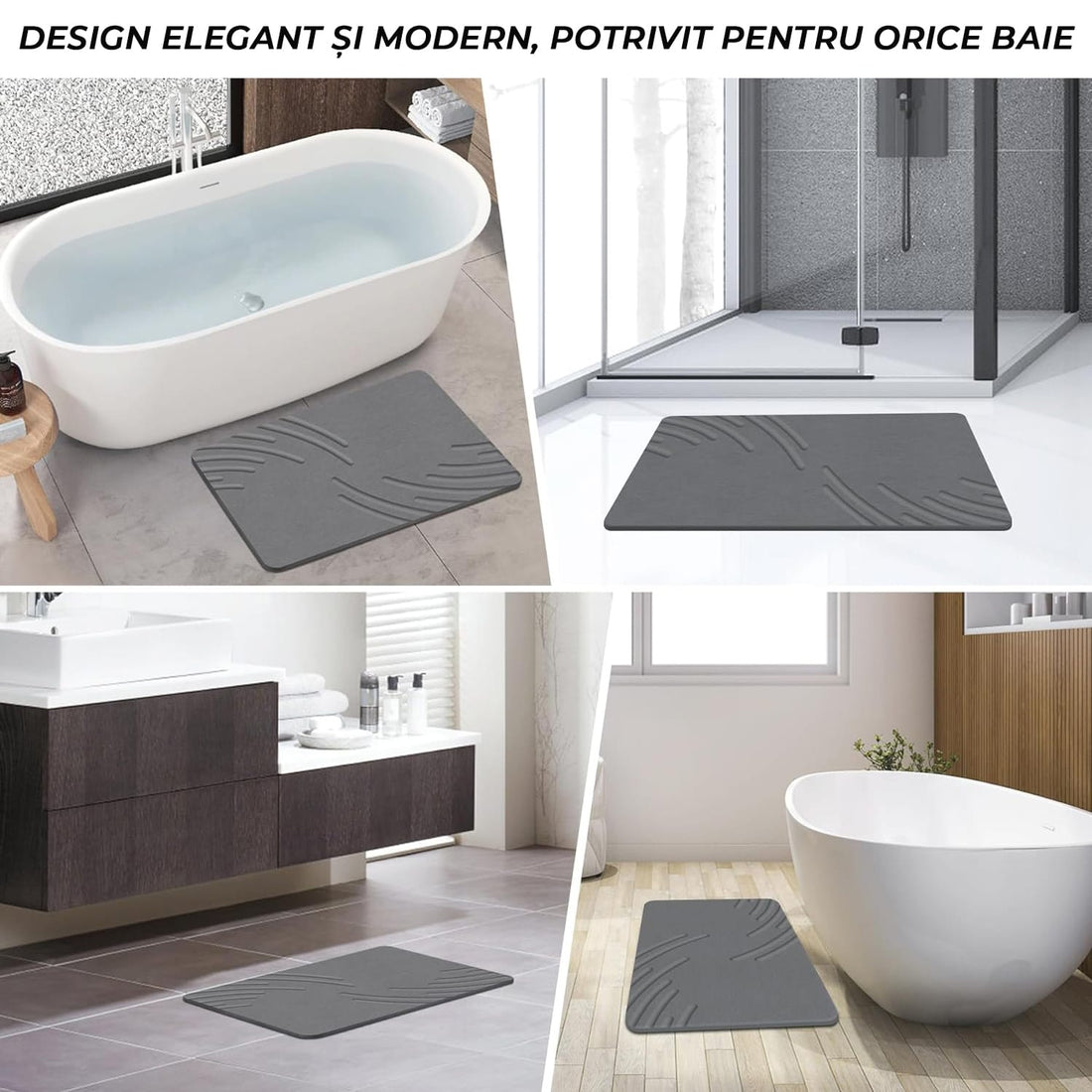 Covor de Baie Universal din Diatomit Modern, Antiderapant, Absorbant Rapid, Elegant si Versatil, Usor de Curatat - 60 x 40 cm, Gri Deschis