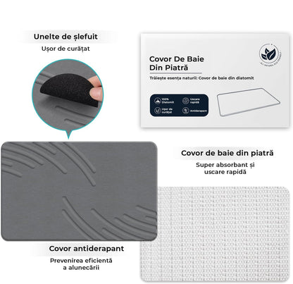 Covor de Baie Universal din Diatomit Modern, Antiderapant, Absorbant Rapid, Elegant si Versatil, Usor de Curatat - 60 x 40 cm, Gri Deschis