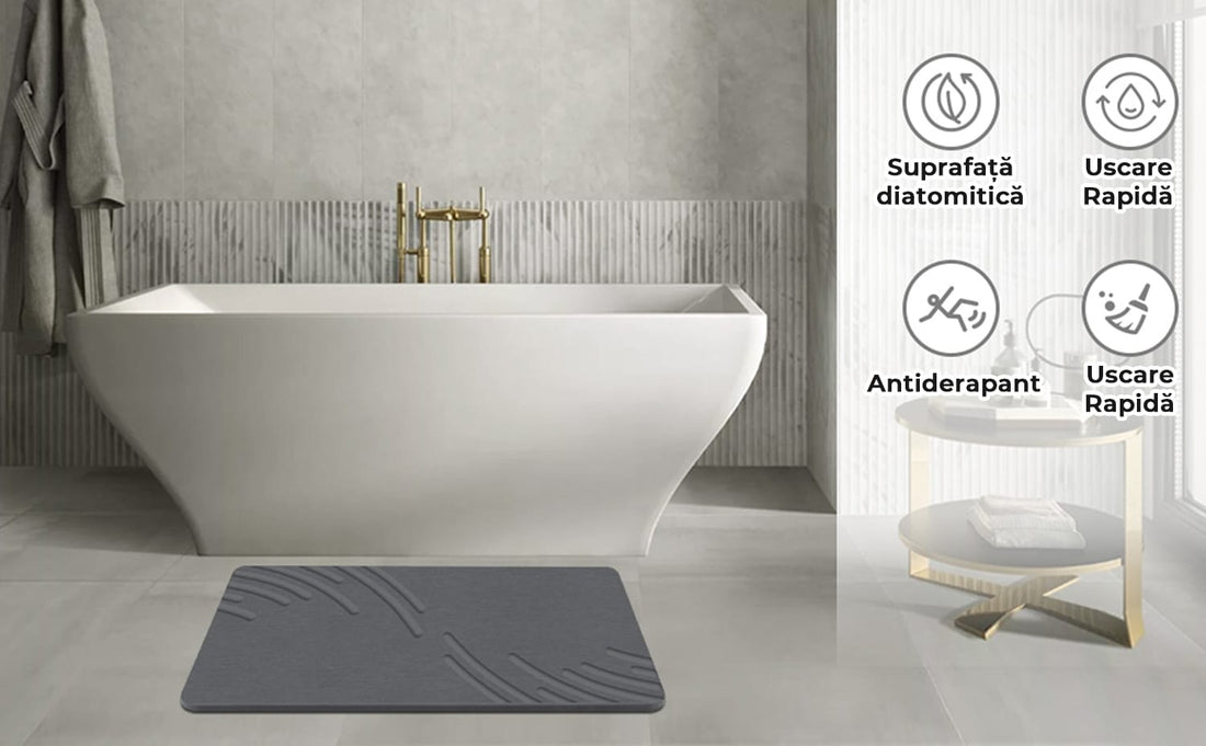 Covor de Baie Universal din Diatomit Modern, Antiderapant, Absorbant Rapid, Elegant si Versatil, Usor de Curatat - 60 x 40 cm, Gri Deschis