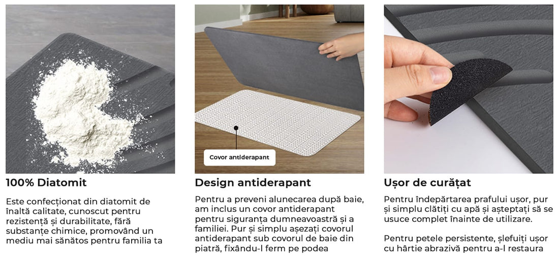 Covor de Baie Universal din Diatomit Modern, Antiderapant, Absorbant Rapid, Elegant si Versatil, Usor de Curatat - 60 x 40 cm, Gri Deschis