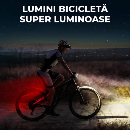 Set lumini bicicletă față/spate, 2000 lumeni, 5 moduri, USB-C, 10000 mAh, OLED, negru