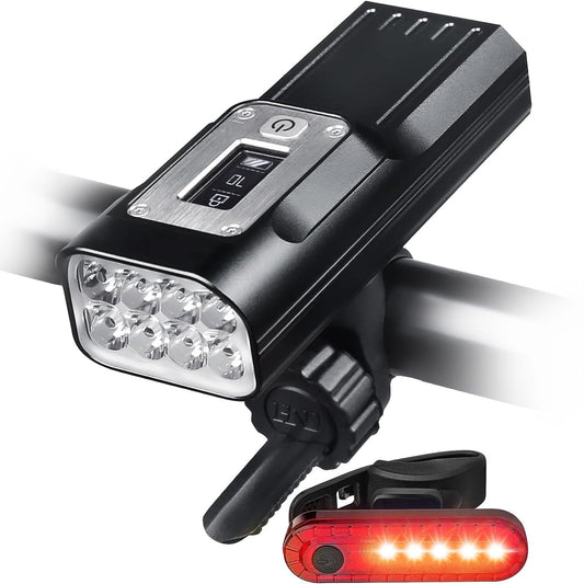 Set lumini bicicletă față/spate, 2000 lumeni, 5 moduri, USB-C, 10000 mAh, OLED, negru