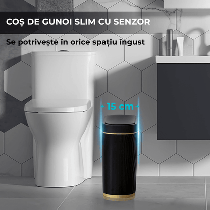 Coș de gunoi inteligent 8L, senzor infraroșu, capac automat, IPX5, negru/auriu