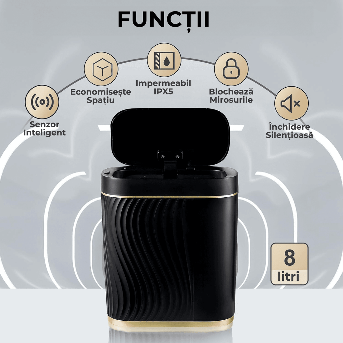 Coș de gunoi inteligent 8L, senzor infraroșu, capac automat, IPX5, negru/auriu