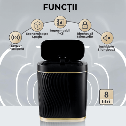 Coș de gunoi inteligent 8L, senzor infraroșu, capac automat, IPX5, negru/auriu