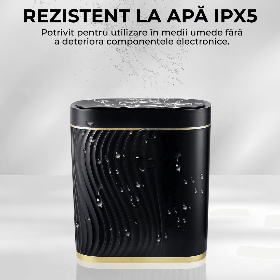 Coș de gunoi inteligent 8L, senzor infraroșu, capac automat, IPX5, negru/auriu